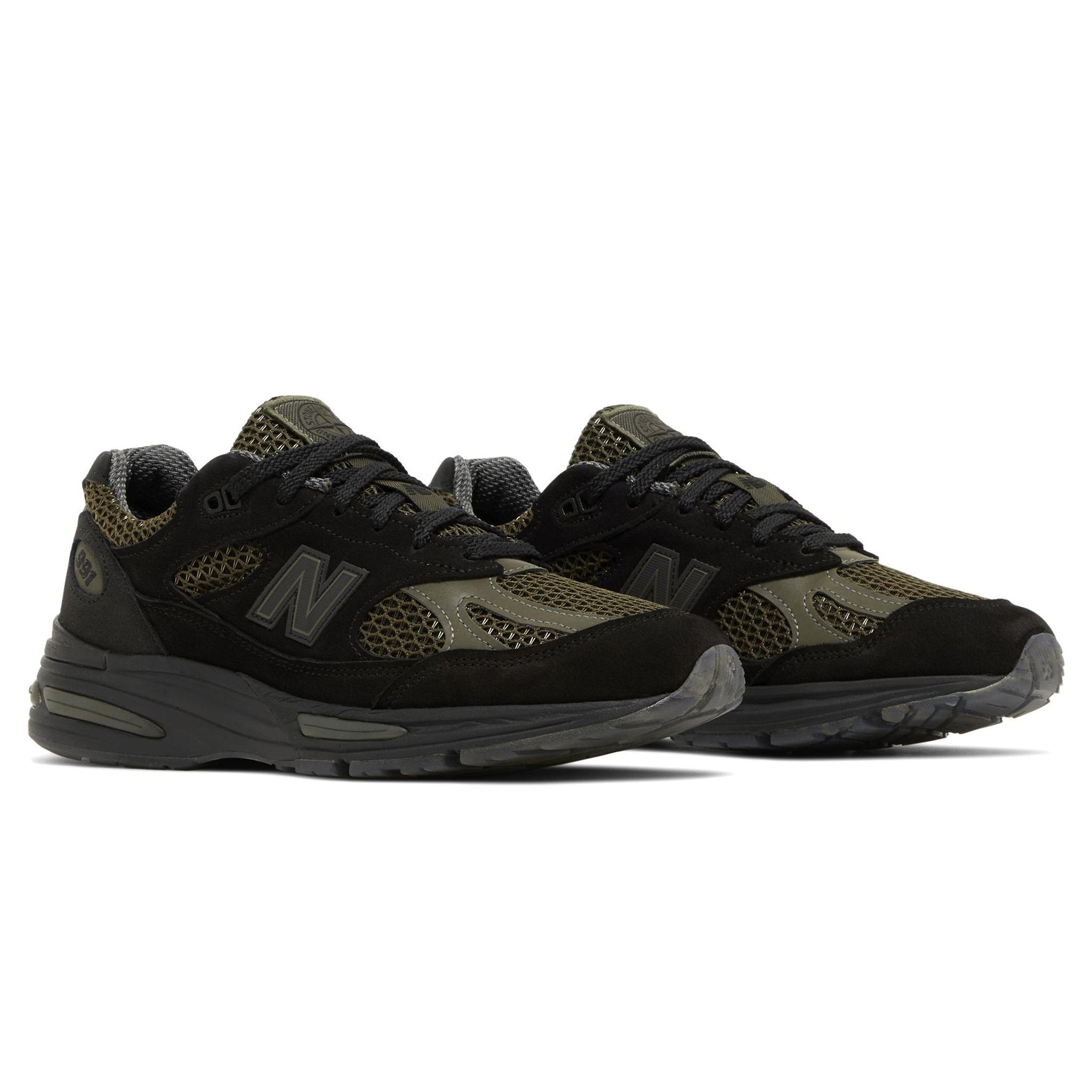 Side view of Stone Island x New Balance 991v2 MiUK Black Olive U991SD2